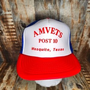 Vintage AMVETS Post 10 Texas Red White Blue Nissin Mesh Trucker Hat Patriotic